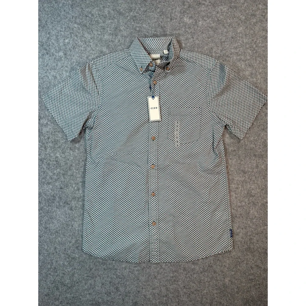 ROWM Mens Small Short Sleeve Button Down Shirt Geometric Triangle Print NWT Blue